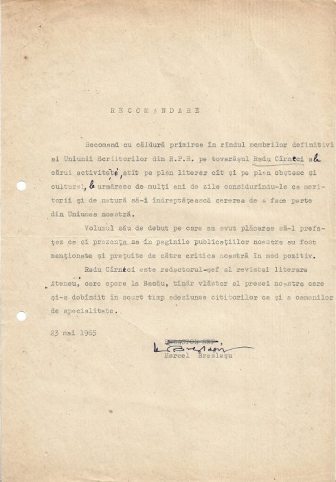 A3494N Marcel Breslașu, semnătura olografă, 1965