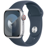 Apple Watch 9, GPS, Cellular, Carcasa Silver Aluminium 45mm, Storm Blue Sport Band - M/L