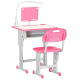 Birou cu scaun pentru copii 6-12 ani, inaltime reglabila, PP, MDF, otel, lampa USB, roz GartenVIP DiyLine, ART