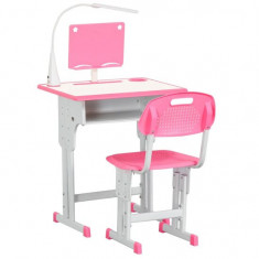 Birou cu scaun pentru copii 6-12 ani, inaltime reglabila, PP, MDF, otel, lampa USB, roz GartenVIP DiyLine