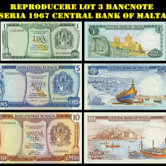 Reproducere lot 3 bancnote seria 1967 Central Bank of Malta