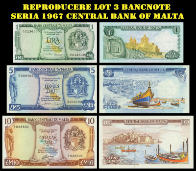 Reproducere lot 3 bancnote seria 1967 Central Bank of Malta foto