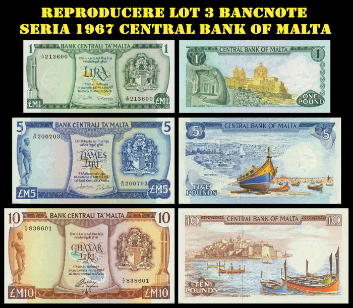 Reproducere lot 3 bancnote seria 1967 Central Bank of Malta