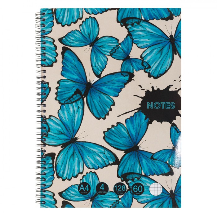 Caiet Matematică A4, Model Fluturi, 4 Subiecte, 128 File, Spiră, Bleu