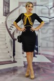 Rochie Eleganta Brodata Flori, Negru/Portocaliu, Maneci Trei Sferturi, Cordon, Marimi S-L