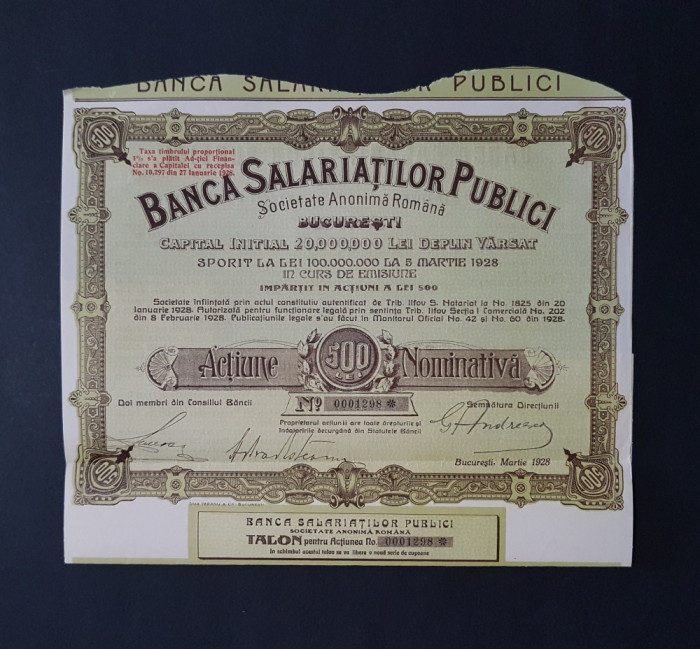Actiune 1928 Banca salariatilor publici , titlu , actiuni