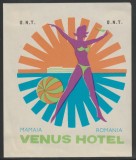 Romania anii 70-80 - Vigneta de bagaje Hotel VENUS din Mamaia, ONT Carpati, eticheta hoteliera, promovare turistica