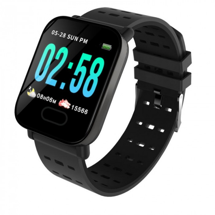 Ceas Smartwatch Techstar&reg; A6, 1.3inch, Bluetooth 4.0, Monitorizare Tensiune, Puls, Oxigenare Sange, Alerte Sedentarism, Negru