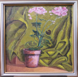 Ghiveci cu muşcate - pictură &icirc;n ulei pe p&acirc;nză, nesemnată, Flori, Impresionism