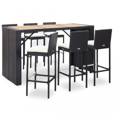 vidaXL Set mobilier bar exterior, cu perne, 7 piese, negru, poliratan foto