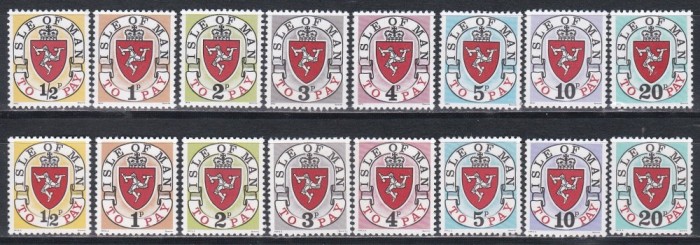 Isle of Man 1973 - Taxe poștale, 2 Seturi COMPLETE (Tiparite 1973 și Retipărite 1973A), MNH