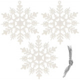 Set decoratini pentru brad tip fulg de nea, 3 bucati, 10 cm, sclipici, cu snur, alb