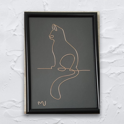 Tablou pisica, sculptura din fir continuu de sarma placata cu aur, 13x18cm foto