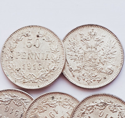 292 Finlanda 50 pennia 1916 Aleksandr II / III / Nikolai II km 2 UNC argint foto