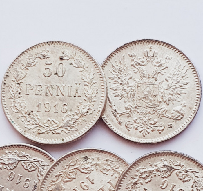 292 Finlanda 50 pennia 1916 Aleksandr II / III / Nikolai II km 2 UNC argint