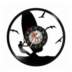 Ceas de perete din disc vinil, Tematică Yachting / Navigație, Design cu Velier și Valuri, Negru, 30 cm