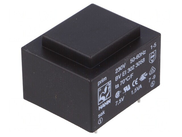 Transformator &icirc;ncapsulat 1,5VA 230VAC 7,5V 200mA PCB