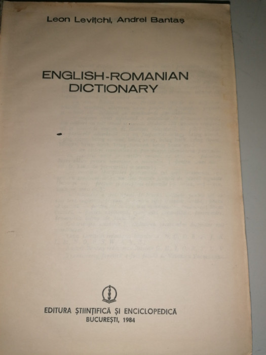 DICTIONAR ENGLEZ ROMAN = ENGLISH ROMANIAN DICTIONARY , LEVITCHI / BANTAS 1984