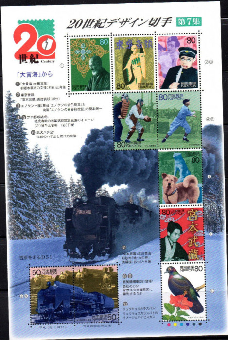 JAPONIA 2000, Secolul XX (VII), Sport, Locomotive, Pasari, bloc neuzat, MNH