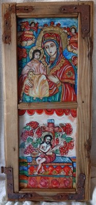 Icoana pe sticla dubla Transilvania Maica Domnului cu pruncul Iisus Hristos și Iisus Hristos Vița cea adevărată foto