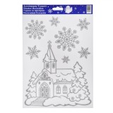 Autocolante Geam, Crăciun, Biserică și Fulgi de Zăpadă, Glitter Argintiu, 20x30 cm, Plastic, Oem