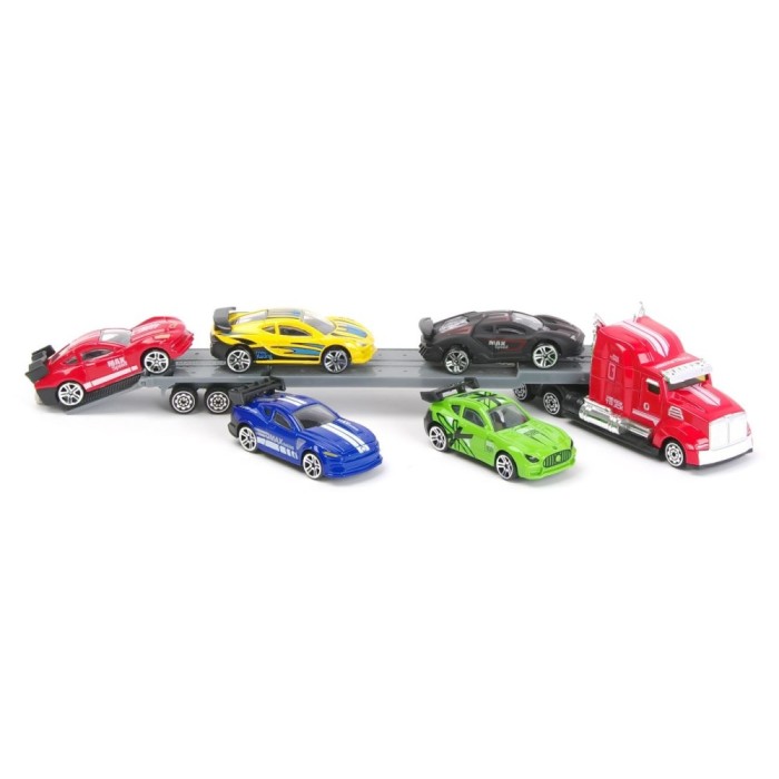 Set Vehicule Jucărie, Model Camion cu 5 Mașini, Scară 1:58, Material Metalic, Multicolor