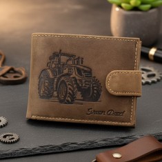 Portofel barbatesc din piele naturala personalizat cu Tractor, 12x9x3 cm