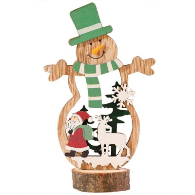 Decoratiune de Craciun, Flippy, din Lemn, 10.5 x 18 cm, Model Om de Zapada cu Caciula Verde, Multicolor foto