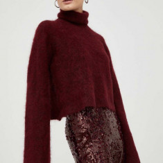 Gestuz pulover de lana Manda femei, culoarea bordo, cu guler