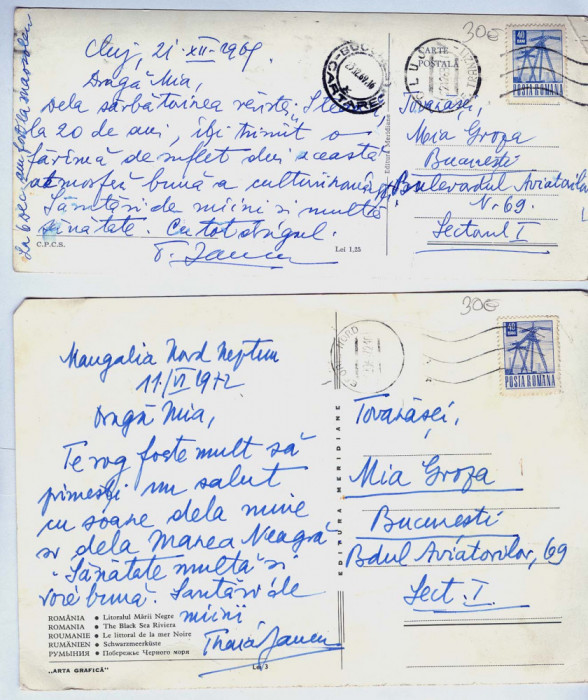 Autograf: TRAIAN IANCU .doua carti postale catre Maria Groza din 1969 si 1972