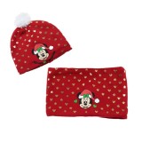 Set Caciula Fular Minnie Craciun Fete, Rosu/Auriu, 6 Ani, Iarna, Acril/Poliester, Pompon Alb