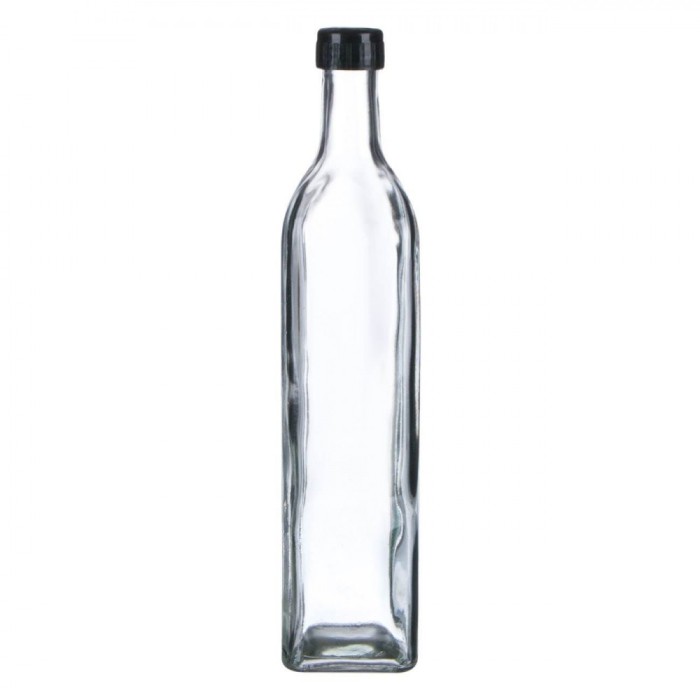 Recipient Sticlă Ulei, Capacitate 0,5L, Transparent, Capac Negru, Gura De Scurgere Integrată