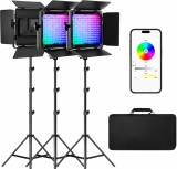Cumpara ieftin Set profesional 3 panouri LED RGB pentru studio foto-video, 19500 Lux 0.5 m, 3200K-5600K, CRI97+, control prin aplicatie, cu 3 trepiede si geanta tran
