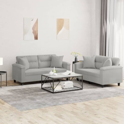 vidaXL Set de canapele cu perne, 2 piese, gri deschis, microfibră 3202327 foto