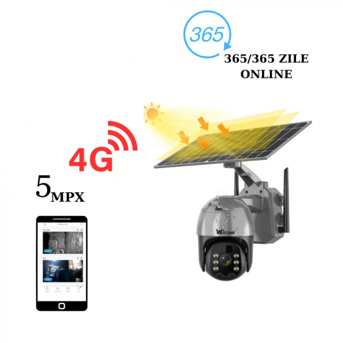 Camera de Supraveghere 5mp cu Incarcare Solara 4G, Rain Charging, Rotire Din Aplicatie, Rezistenta La Apa IP 66