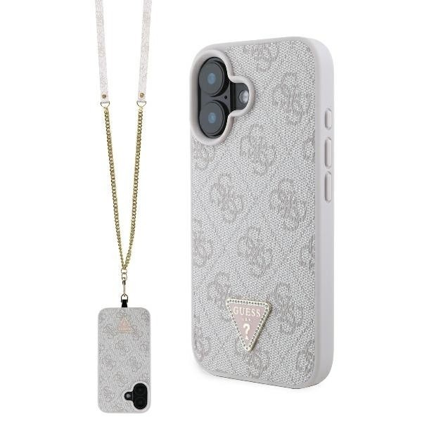 Husa pentru Apple iPhone 16, Guess, Crossbody 4G Triangle Strass, Roz