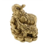 Statueta Feng Shui din rasina cu Elefant cu pui pe monede si pepite, 9,5cm,Z6