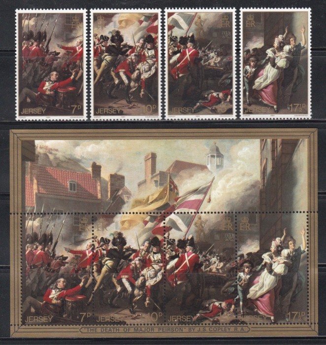 Jersey 1981 - Pictură - A 200-a aniversare a bătăliei pentru Jersey, Serie + Colita, MNH