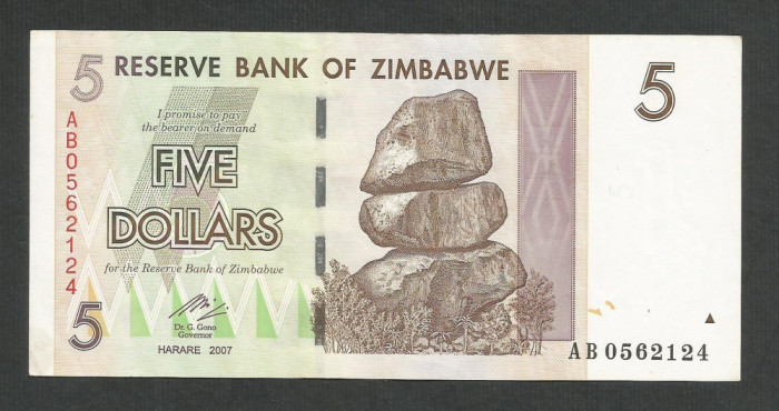 ZIMBABWE 5 DOLARI DOLLARS 2007 [8] P-66 , XF+++