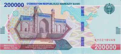 Bancnota Uzbekistan 200.000 Sum 2022 - PNew UNC foto
