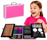 Set de desen si pictura pentru copii, 145 piese, valiza portabila din metal cu sertare, creioane, markere, acuarele, pasteluri, pensule si accesorii,