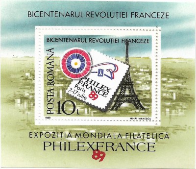 Expozitia Mondiala de Filatelie &amp;quot;Philexfrance &amp;#039;89&amp;quot;, Paris, colita dantelata, 1989 - neobliterata foto