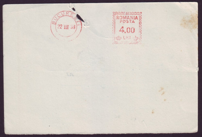 1938 Romania, CP francatura mecanica 4 Lei Soc Petrosani mine carbuni la Pitesti