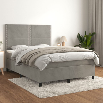 vidaXL Pat box spring cu saltea, gri deschis, 140x200 cm, catifea 3142965 foto