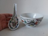 Bol / Won (de orez) cu lingura, portelan chinezesc, vintage Jingdezhen, model cu fluturi si flori, Made in China