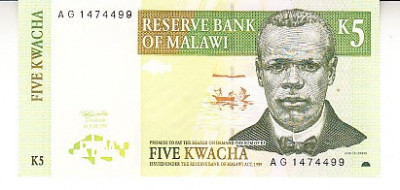 M1 - Bancnota foarte veche - Malawi - 5 kwacha - 1997 foto