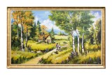 Cumpara ieftin Tablou inramat peisaj pictat manual, In vacanta la bunici, 100x60cm ulei pe panza, Constantin Feraru