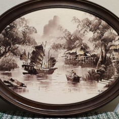 Tablou , pictura pe panza , peisaj marin oriental anii '70 -