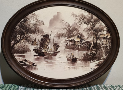 Tablou , pictura pe panza , peisaj marin oriental anii &amp;#039;70 - foto