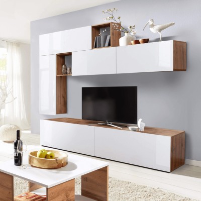 Perete living, alb cu luciu extra ridicat HG/stejar wotan, MIRALDA foto
